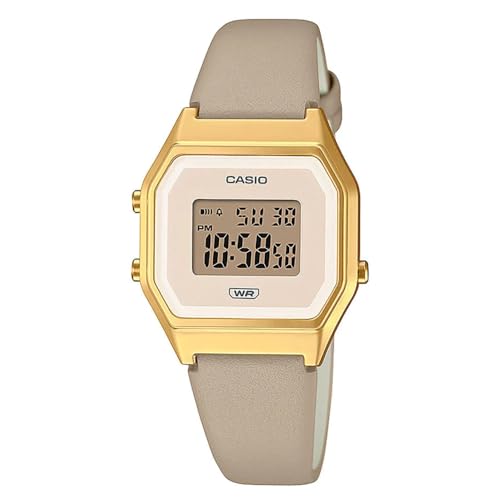 Casio Damen Quartz Armbanduhr, 29.00mm GehäusegröÃŸe mit cremefarben digital Zifferblatt und Champagner Lederarmband Armband LA680WEGL-5EF von Casio