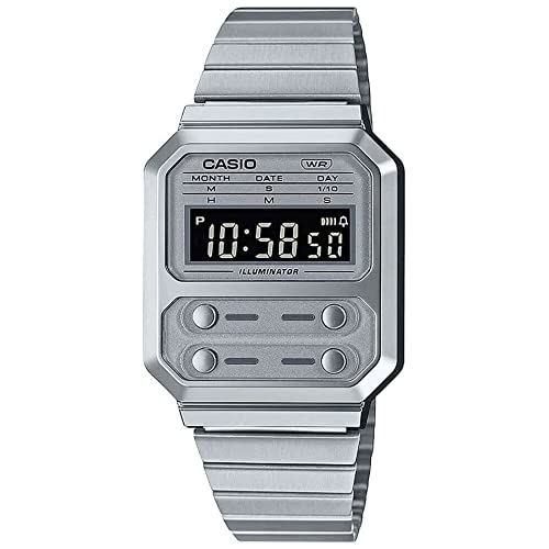 Casio Unisex Quartz Armbanduhr, 33.00mm GehäusegröÃŸe mit Silber digital Zifferblatt und Silber Metallarmband Armband A100WE-7BEF von Casio