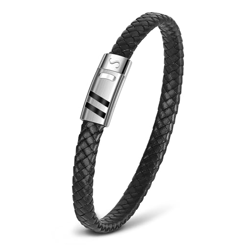 Casisto.J Herren Lederarmband Graviert mit Initialen A-Z, Buchstabe Armband Schwarz Geflochten Leder Armbänder mit Magnetverschluss Vatertag Geburtstag Geschenke für Männer von Casisto.J