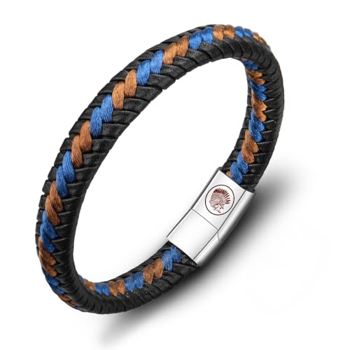Casisto.J Lederarmband Herren Armband Herren Männer Leder Edelstahl Gravur Schwarz Braun Geflochten mit Magnet Verschluss (Blau, 18.5) von Casisto.J