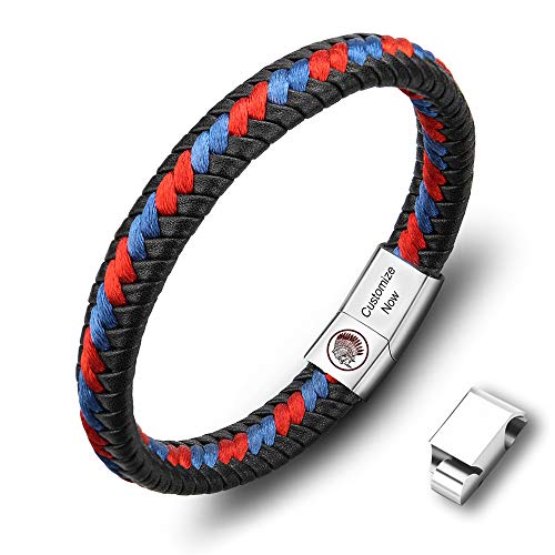 Casisto.J Lederarmband Herren Armband Herren Männer Leder Edelstahl Gravur Schwarz Braun Geflochten mit Magnet Verschluss (Customized-Rot, 20) von Casisto.J