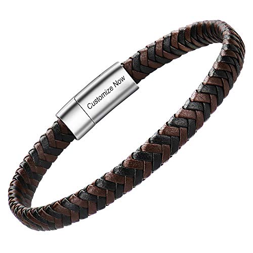 Casisto.J Lederarmband Herren Armband Herren Männer Leder Edelstahl Gravur Schwarz Braun Geflochten mit Magnet Verschluss von Casisto.J