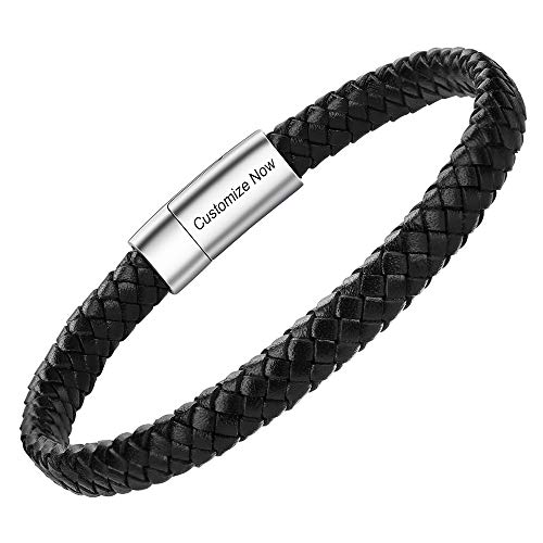 Casisto.J Lederarmband Herren Armband Herren Männer Leder Edelstahl Gravur Schwarz Braun Geflochten mit Magnet Verschluss von Casisto.J