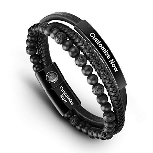 Casisto.J Lederarmband Herren Armband Männer Leder Edelstahl mit Gravur Schwarz Braun Geflochten Ärmbander mit Magnet Verschluss von Casisto.J