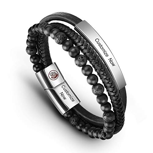 Casisto.J Lederarmband Herren Armband Männer Leder Edelstahl mit Gravur Schwarz Braun Geflochten Ärmbander mit Magnet Verschluss von Casisto.J