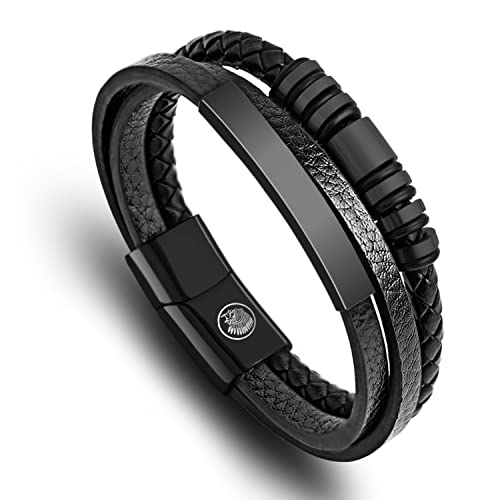 Casisto.J Lederarmband Herren Armband Herren Männer Leder Edelstahl Gravur Schwarz Braun Geflochten mit Magnet Verschluss von Casisto.J