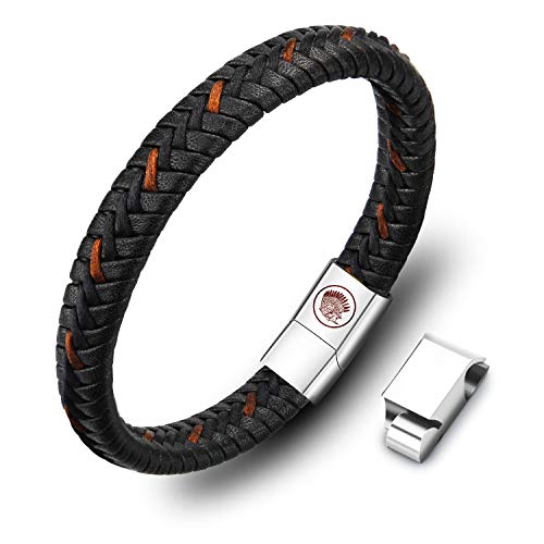 Casisto.J Lederarmband Herren Armband Herren Männer Leder Edelstahl Gravur Schwarz Braun Geflochten mit Magnet Verschluss (Schwarz, 19) von Casisto.J