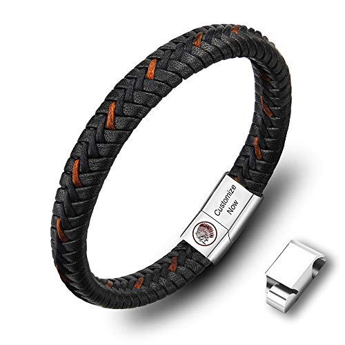 Casisto.J Lederarmband Herren Armband Herren Männer Leder Edelstahl Gravur Schwarz Braun Geflochten mit Magnet Verschluss (Schwarz, 20) von Casisto.J