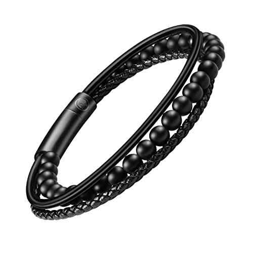 Casisto.J Lederarmband Herren Armband Herren Männer Leder Edelstahl Perlen Schwarz Geflochten mit Magnet Verschluss von Casisto.J