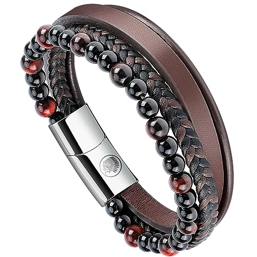 Casisto.J Lederarmband Herren Armband Herren Männer Leder Geflochten Perlen Edelstahl Braun Schwarz Blau mit Magnet Verschluss Schmuck in Geschenkbox von Casisto.J