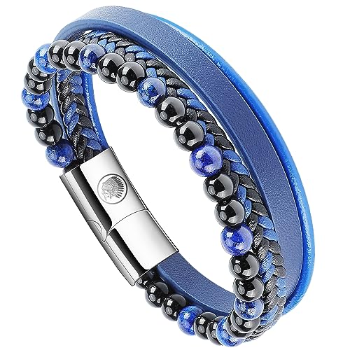 Casisto.J Lederarmband Herren Armband Herren Männer Leder Geflochten Perlen Edelstahl Braun Schwarz Blau mit Magnet Verschluss Schmuck in Geschenkbox von Casisto.J