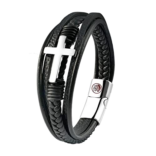 Casisto.J Lederarmband Herren Armband Herren Männer Leder Geflochten Perlen Edelstahl Kruzifix Schwarz mit Magnet Verschluss Geschenkpackung von Casisto.J