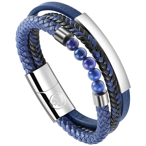 Casisto.J Lederarmband Herren Armband Herren Männer Leder Geflochten Perlen Edelstahl Schwarz Blau mit Magnet Verschluss Geschenkpackung von Casisto.J