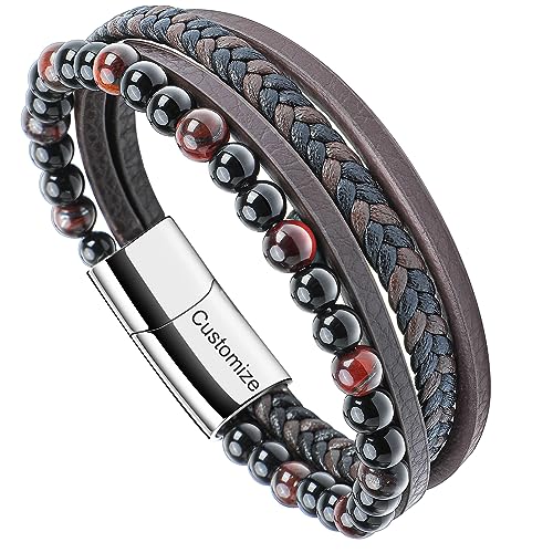 Casisto.J Lederarmband Herren Armband Herren Männer Leder Geflochten Perlen Edelstahl Schwarz Braun Blau mit Magnet Verschluss Einfache Verpackung von Casisto.J