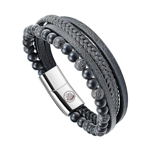 Casisto.J Lederarmband Herren Armband Schwarz mit Magnet Verschluss, Naturstein Geflochten Echtleder Armbänder für Männer zum Vatertag Geburtstag Weinachtstag von Casisto.J