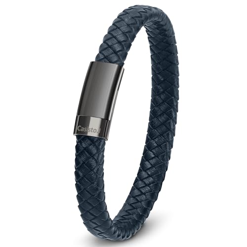 Casisto.J Lederarmband Herren Armband Männer Echtleder Geflochten Breite Armbänder mit Gravur Edelstahl Magnetverschluss Wickelarmband von Casisto.J