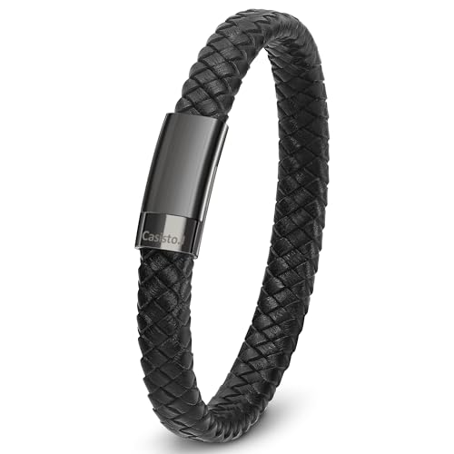 Casisto.J Lederarmband Herren Armband Männer Echtleder Geflochten Breite Armbänder mit Gravur Edelstahl Magnetverschluss Wickelarmband von Casisto.J