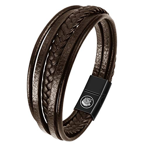 Casisto.J Lederarmband Herren Armband Herren Männer Leder Edelstahl Gravur Schwarz Braun Geflochten mit Magnet Verschluss von Casisto.J