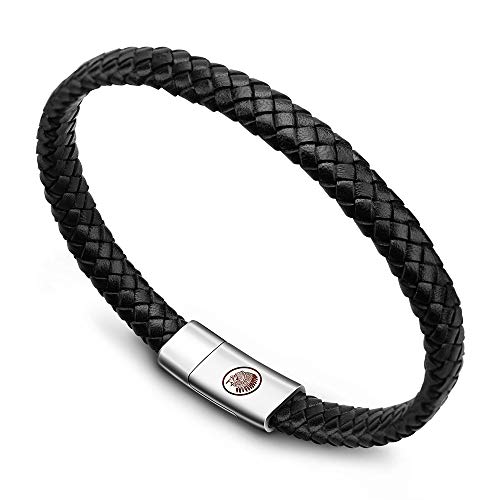 Casisto.J Lederarmband Herren Armband Herren Männer Leder Edelstahl Gravur Schwarz Braun Geflochten mit Magnet Verschluss von Casisto.J