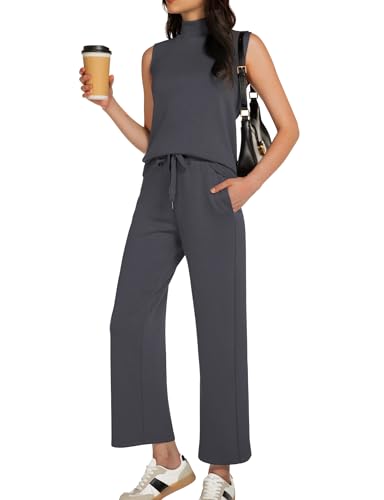 Casly Lamiit 2-teiliges Sommer-Outfit für Damen, Stehkragen, Tank-Top, kurze Hose mit weitem Bein, Lounge-Sets, modischer Trainingsanzug, grau dunkel, M von Casly Lamiit