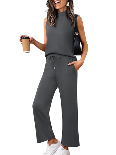 Casly Lamiit 2-teiliges Sommer-Outfit für Damen, Stehkragen, Tank-Top, kurze Hose mit weitem Bein, Lounge-Sets, modischer Trainingsanzug, grau dunkel, S von Casly Lamiit