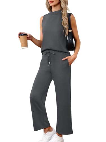 Casly Lamiit 2-teiliges Sommer-Outfit für Damen, Stehkragen, Tank-Top, kurze Hose mit weitem Bein, Lounge-Sets, modischer Trainingsanzug, grau dunkel, XS von Casly Lamiit