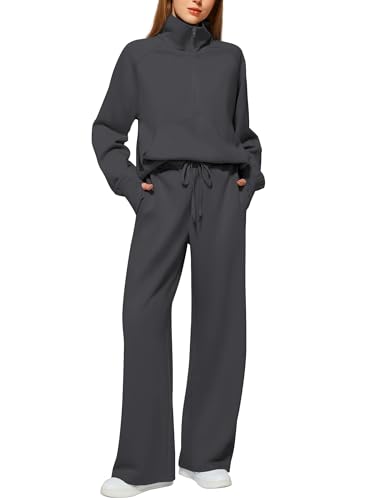Casly Lamiit Damen 2 Stück Outfits Lounge Set 2023 Oversized Half Zip Sweatshirt Wide Leg Sweatpant Set Sweatsuit Trainingsanzug, grau dunkel, Small von Casly Lamiit