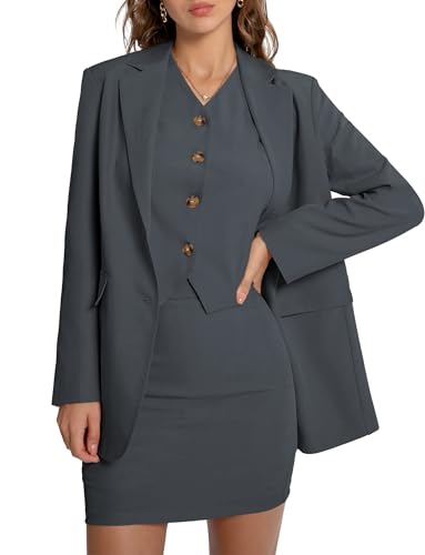 Casly Lamiit Damen 3-teiliges Rock-Set Business Casual Kurz Skort Blazer Anzug Langarm Jacke Weste Passende Outfits, grau dunkel, Groß von Casly Lamiit