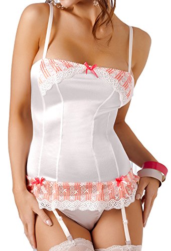 Casmir Creme farbenes Strapshemd kurz mit Satin und Spitze glänzend mit Strapsbänder inklusive String S/M von Casmir