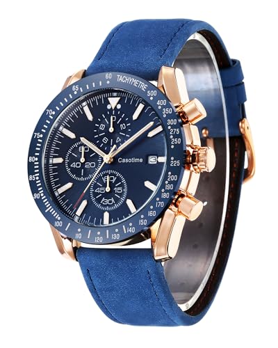 Casotime Herren Leder Chronograph Uhr 30M Wasserdicht Großes Gesicht Analog Quarz Datumsanzeige, Arbeit Sport Casual Klassische Designer Mode Kleid Uhr mit Lederband, Elegantes Geschenk für Männer von Casotime