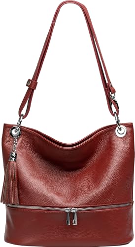 Caspar 2-in-1 Damen Leder Schulter- und Umhängetasche sportlich elegante Handtasche - CLASSIC LINE - Modell No.809 - Made in Italy, Farbe:weinrot, Accessoires:One Size von Caspar