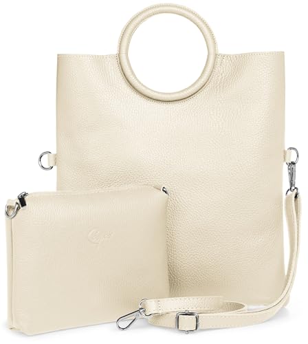 Caspar 2 in 1 Leder Set Umhängetasche mittelgroße Damen Handtasche Crossbody Bag mit herausnehmbarer Innentasche - CLASSIC LINE - Modell No.836 - Made in Italy, Farbe:beige von Caspar
