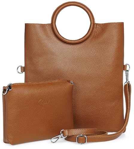 Caspar 2 in 1 Leder Set Umhängetasche mittelgroße Damen Handtasche Crossbody Bag mit herausnehmbarer Innentasche - CLASSIC LINE - Modell No.836 - Made in Italy, Farbe:cognac von Caspar
