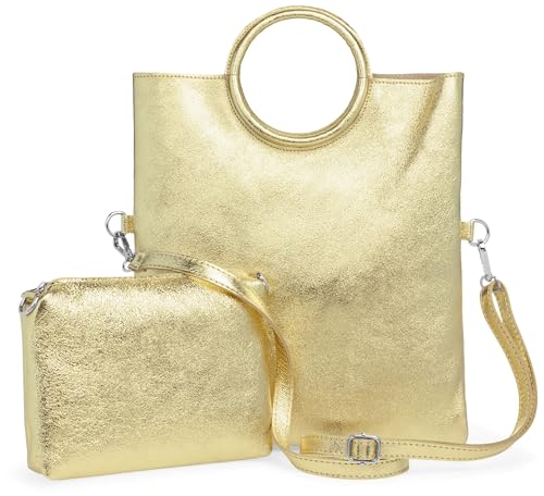 Caspar 2 in 1 Leder Set Umhängetasche mittelgroße Damen Handtasche Crossbody Bag mit herausnehmbarer Innentasche - CLASSIC LINE - Modell No.836 - Made in Italy, Farbe:gold metallic von Caspar