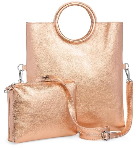 Caspar 2 in 1 Leder Set Umhängetasche mittelgroße Damen Handtasche Crossbody Bag mit herausnehmbarer Innentasche - CLASSIC LINE - Modell No.836 - Made in Italy, Farbe:roségold metallic von Caspar