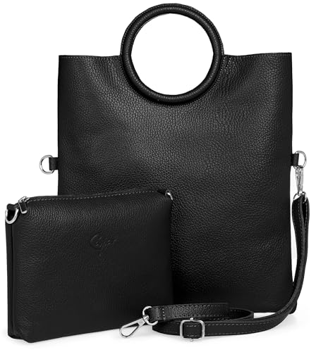 Caspar 2 in 1 Leder Set Umhängetasche mittelgroße Damen Handtasche Crossbody Bag mit herausnehmbarer Innentasche - CLASSIC LINE - Modell No.836 - Made in Italy, Farbe:schwarz von Caspar