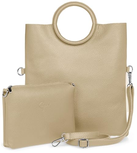 Caspar 2 in 1 Leder Set Umhängetasche mittelgroße Damen Handtasche Crossbody Bag mit herausnehmbarer Innentasche - CLASSIC LINE - Modell No.836 - Made in Italy, Farbe:taupe von Caspar