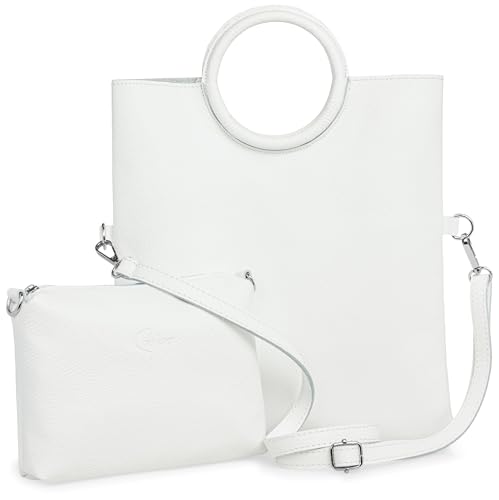 Caspar 2 in 1 Leder Set Umhängetasche mittelgroße Damen Handtasche Crossbody Bag mit herausnehmbarer Innentasche - CLASSIC LINE - Modell No.836 - Made in Italy, Farbe:weiß von Caspar