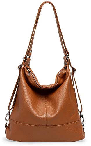 Caspar 2 in 1 Schultertasche Rucksack aus Leder Damen Tasche - PREMIUM LINE - Modell No.796 - Made in Italy, Farbe:cognac, Größe:One Size von Caspar