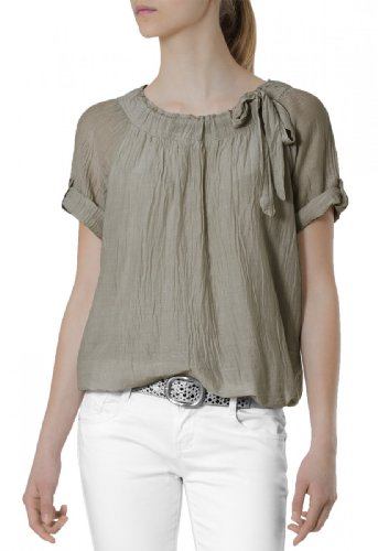 Caspar BLU002 Damen leichte unifarbene Kurzarm Seiden Sommerbluse mit Schleife, Farbe:Khaki von Caspar
