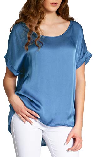 Caspar BLU017 leichte Elegante Damen Seidenglanz Kurzarm Sommer Shirtbluse, Farbe:Jeans blau, Größe:L/XL von Caspar