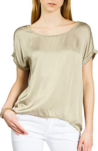 Caspar BLU017 leichte Elegante Damen Seidenglanz Kurzarm Sommer Shirtbluse, Farbe:beige, Größe:L/XL von Caspar