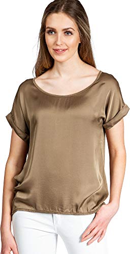 Caspar BLU017 leichte Elegante Damen Seidenglanz Kurzarm Sommer Shirtbluse, Farbe:braun, Größe:L/XL von Caspar