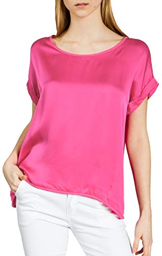 Caspar BLU017 leichte Elegante Damen Seidenglanz Kurzarm Sommer Shirtbluse, Farbe:pink, Größe:L/XL von Caspar