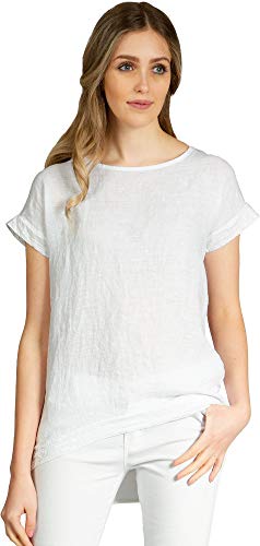 Caspar BLU022 Elegante Damen Kurzarm Sommer Shirtbluse aus Leinen mit Paillettensaum, Farbe:Weiss, Größe:40 von Caspar