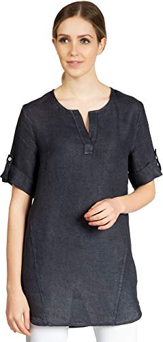 Caspar BLU023 Lange Elegante Damen Halbarm Sommer Leinen Longbluse, Farbe:dunkelblau, Größe:46 von Caspar