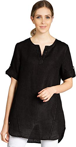 Caspar BLU023 Lange Elegante Damen Halbarm Sommer Leinen Longbluse, Farbe:schwarz, Größe:36 von Caspar