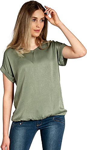 Caspar BLU026 leichte Elegante Damen Seidenglanz Kurzarm Sommer Shirtbluse, Farbe:Oliv grün, Größe:34 von Caspar
