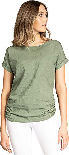 Caspar BLU027 Damen Kurzarm Sommer Leinen Viskose Shirtbluse mit seitlicher Raffung, Farbe:Oliv grün, Größe:36 von Caspar