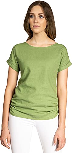 Caspar BLU027 Damen Kurzarm Sommer Leinen Viskose Shirtbluse mit seitlicher Raffung, Farbe:hell grün, Größe:36 von Caspar